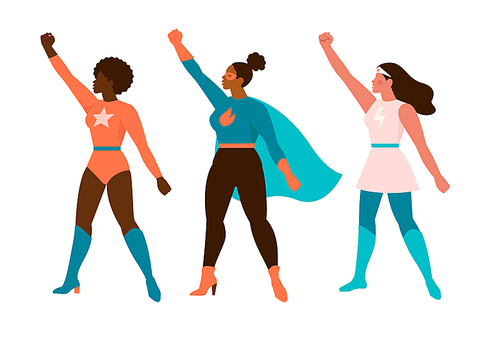 Superheroes women characters. Wonder female hero character in superhero costume with waving cloak disguise fitness female muscular pose game figure. Super girls cartoon vector isolated icon set
