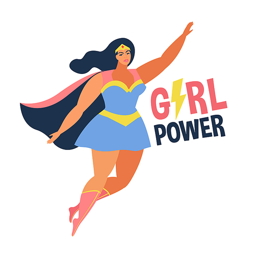 Vector illustrations in flat design of female superheroe in funny comics costume Girl power concept.