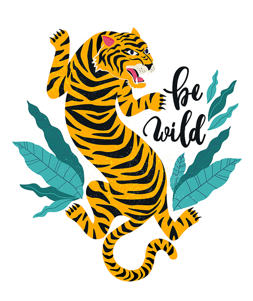 Be wild.Vector illustration of tiger with tropical leaves. Trendy design for card, poster, tshirt.