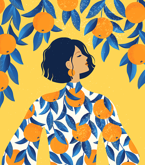 Beautiful girl in a dress with oranges pattern  and orange tree background.