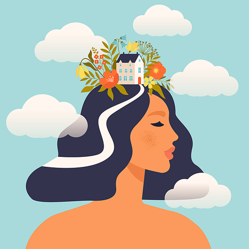 Concept about the processes of thinking of women. Creating ideas in the head, creative profession. Creative fantasy thinking vector illustration. Mechanism of the brain, thinking worker. Woman world