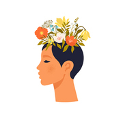 Psychology. Mental health. Woman character with flower head. Mental health concept, good mood, harmony flat vector illustration.