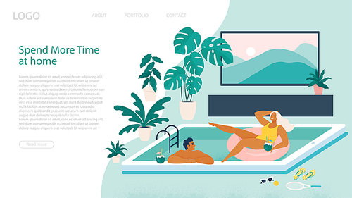 Couple spend summer vacation at swimming pool during quarantine. Vacation simulation and indoor recreation. Landing page template. Vector illustration