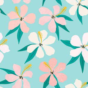 Tropical flowers and palm leaves on background. Seamless Vector pattern.