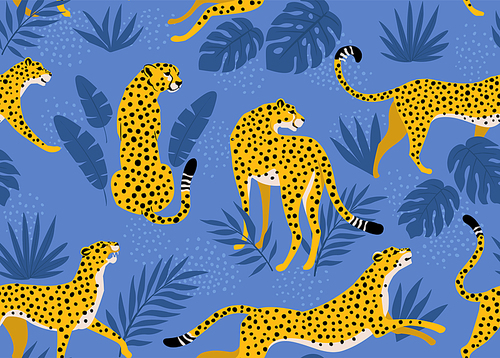 Leopard pattern with tropical leaves. Vector seamless texture