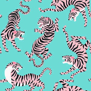 Vector seamless pattern with cute tigers on background. Circus animal show Fashionable fabric design.