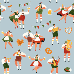 Oktoberfest. Funny cartoon characters in Bavarian folk costumes of Bavaria celebrate and have fun at Oktoberfest beer festival. Party Concept Flat Vector. Seamless pattern.