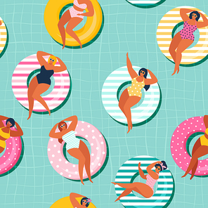 Summer gils on inflatable in swimming pool floats. Vector seamless pattern