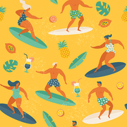 Surfing girls and boys on the surf boards catching waves in the sea. Summer beach seamless pattern vector.
