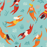 Cute decorative background with swimming women and girl in the sea or ocean. Vector seamless pattern. Underwater artwork design. Swim and dive sea.