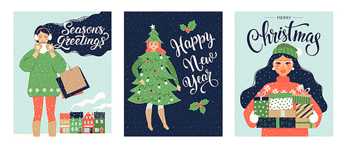 Set Christmas card and Happy New Year templates. Trendy retro style. Vector design template