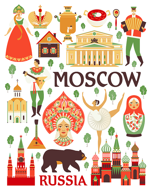 Russia icons set. Vector collection of Russian culture and nature images, including St. Basil s Cathedral, russian doll, balalaika, borscht, portrait of Russian beauty in kokoshnik. Isolated on white.