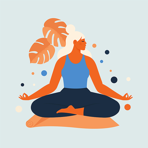 Woman meditating in nature and leaves. Concept illustration for yoga, meditation, relax, recreation, healthy lifestyle. Vector illustration in flat cartoon style.