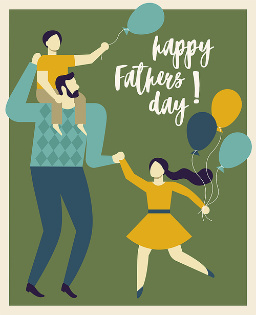 Happy Father s Day. Dad holding his son and daughter. Vector illustration of a flat design.