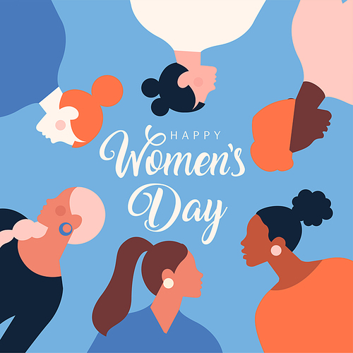 Greeting card or postcard templates with feminism activists and Happy Womens Day wish. Modern festive vector illustration for 8 March celebration