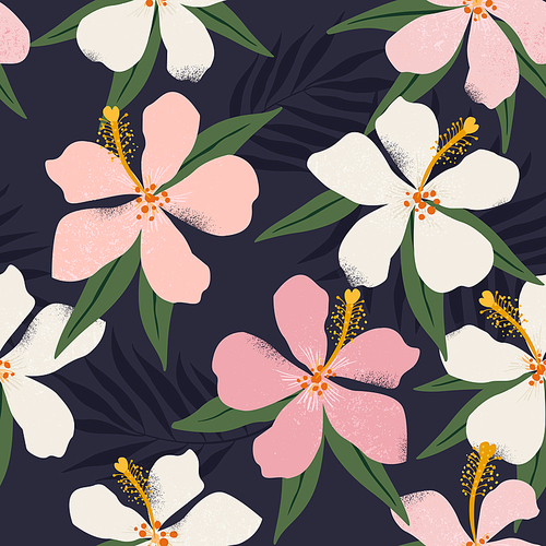 Tropical flowers and artistic palm leaves on background. Seamless. Vector pattern