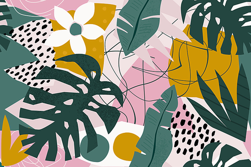 Collage contemporary floral seamless pattern. Modern exotic jungle fruits and plants illustration in vector