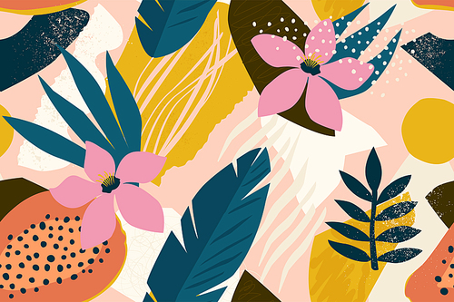 Collage contemporary floral seamless pattern. Modern exotic jungle fruits and plants illustration vector.