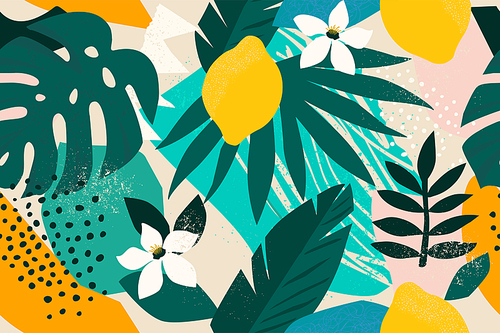 Collage contemporary floral seamless pattern. Modern exotic jungle fruits and plants illustration vector