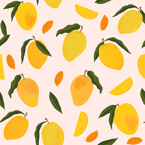 Seamless pattern with fresh bright exotic whole and sliced mango isolated on white . Summer fruits for healthy lifestyle. Organic fruit.