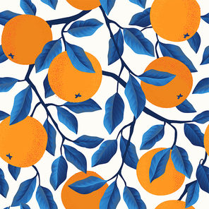 Tropical seamless pattern with oranges. Fruit repeated background. Vector bright print for fabric wallpaper.
