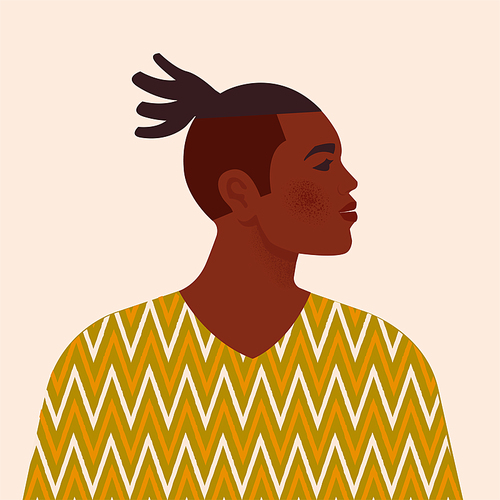 Handsome black man. Young african american. Portrait of young guy with hair. Side view. Isolated on a beige background