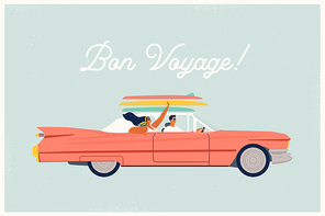 Young trendy happy hipster couple in love having trip road by red cabriolet. Laughing stylish girl and driving boy at summertime vacation in flat vector cartoon illustration
