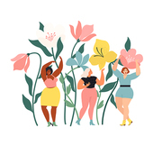 Women diverse of different ethnicity are wonder the huge spring wild flowers. Spring vibes mood. International Womens Day