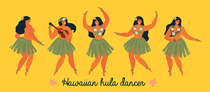 Hawaiian hula dancers young pretty woman. Vector illustration.