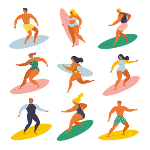 Surf girls and boys surfing in the sea set 70s style.
