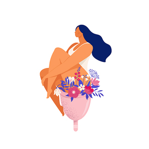 Woman sitting on a huge menstrual cup with flowers and leaves. Eco protection for woman in critical days. Vector illustration on white background