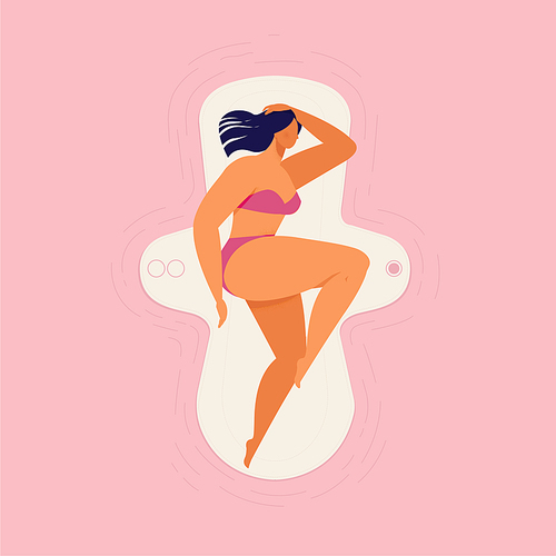 Woman sleeping on a large pad. Vector illustration on pink background