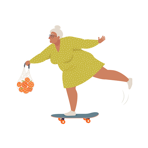 Elderly woman riding skateboard or longboard with shopping string bag. Recreational and healthy sport activities for grandmother. Flat cartoon vector illustration