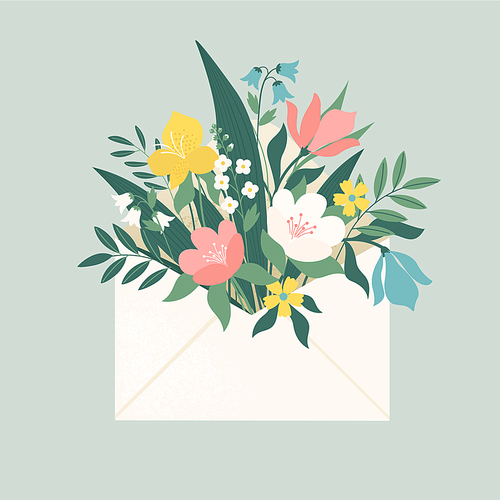 Bouquet of spring flowers inside the envelope and other decor elements. Flat design. Paper cut style. Hand drawn trendy vector greeting card
