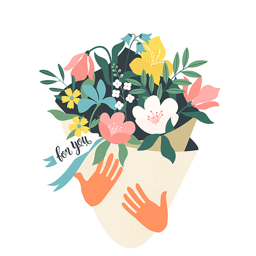 Hands holding bouquet of flowers with a note For you. Vector design concept for Valentines Day and other users. Vector Illustration