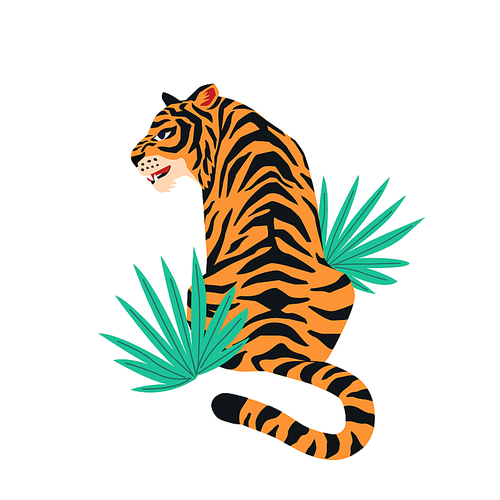 Vector card with cute tiger on white background and tropical leaves. Beautiful animal  design for t-shirt. Fashionable poster for home decor.