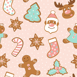 Set of cute gingerbread cookies for christmas. Isolated on white background seamless pattern.