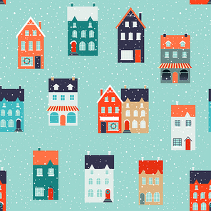 Winter houses for Christmas and Christmas fabrics and decor Seamless pattern.