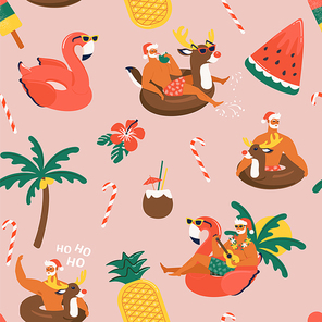 Christmas seamless pattern with cute funny Santa Claus animals with reindeer and flamingo inflatable ring Tropical Christmas. Vector illustration.