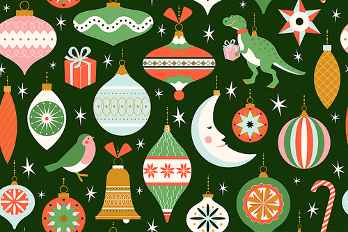 Merry Christmas and New Year card with various of Christmas toys and present in in retro mid century modern style. Winter holidays seamless pattern vector.