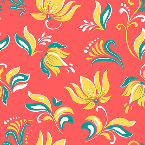 Bright flowers floral Russian beautiful folk ornament with bird. Vector illustration Seamless pattern background.
