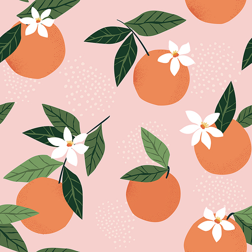 Tropical seamless pattern with oranges on a pink background. Fruit repeated background. Vector bright  for fabric or wallpaper