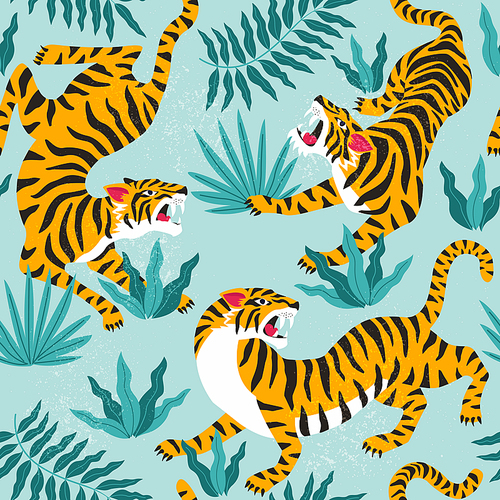 Vector seamless pattern with cute tigers on background. Fashionable fabric design.