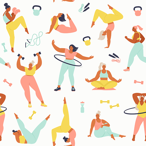 Women different sizes, ages and races activities. Pattern of women doing sports, yoga, jogging, jumping, stretching, fitness. Seamless pattern in vector