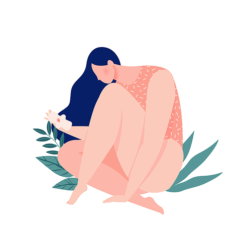 A girl bleeding hugging her leg with a pad in the menstrual period on background of leaves and plants. Eco protection for woman in critical days. Vector illustration