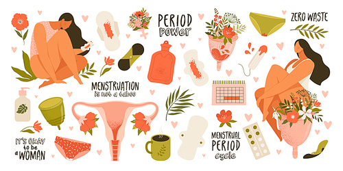 Set of menstruation, period, female uterus, reproductive system stickers. Zero waste objects. Women with flowers, panties, pads, cups, tampons, calendar, womb in cartoon vector illustration isolated