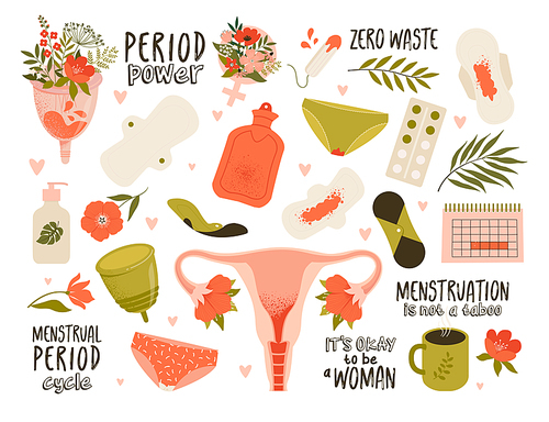Menstruation theme. Period. Various feminine hygiene products. Zero waste objects. Panties, pads, cups. Menstrual protection, feminine hygiene. Hand drawn vector illustration. Everything is isolated