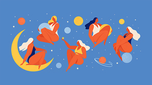Set of people flying in space vector flat illustration. Collection of wom n holding planet with dream universe. Concept in flat graphic. Vector Illustration