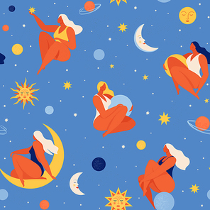 Set of people flying in space vector flat illustration. Collection of women holding planet with dream universe. Concept in flat graphic. Vector seamless pattern