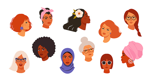 Portraits of beautiful women of different skin color, age, hairstyle, face types. Avatars of diverse fashionable female characters isolated on white . Flat vector cartoon illustration
